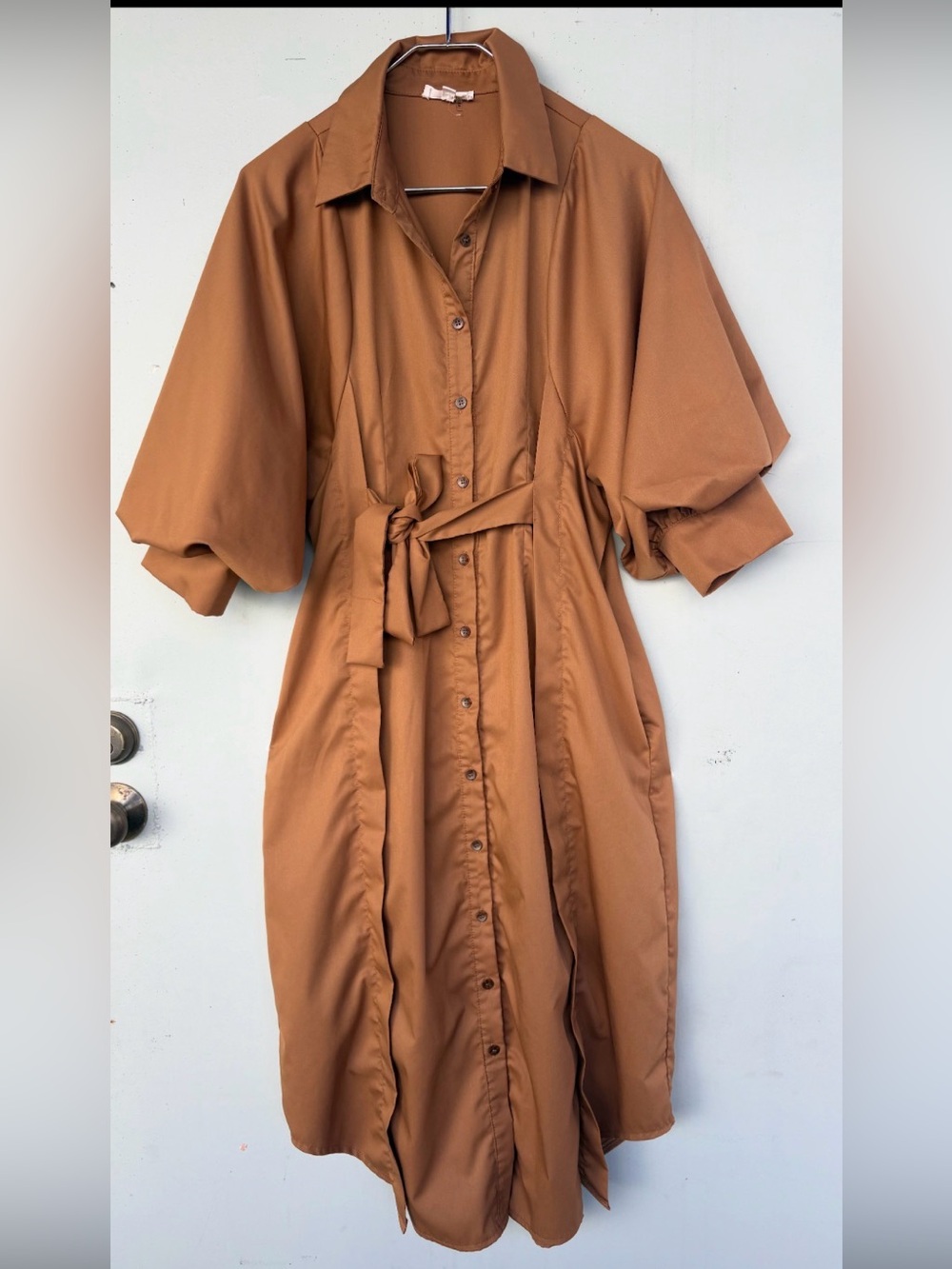 entro Tan Button-Front Midi Dress with Self Tie